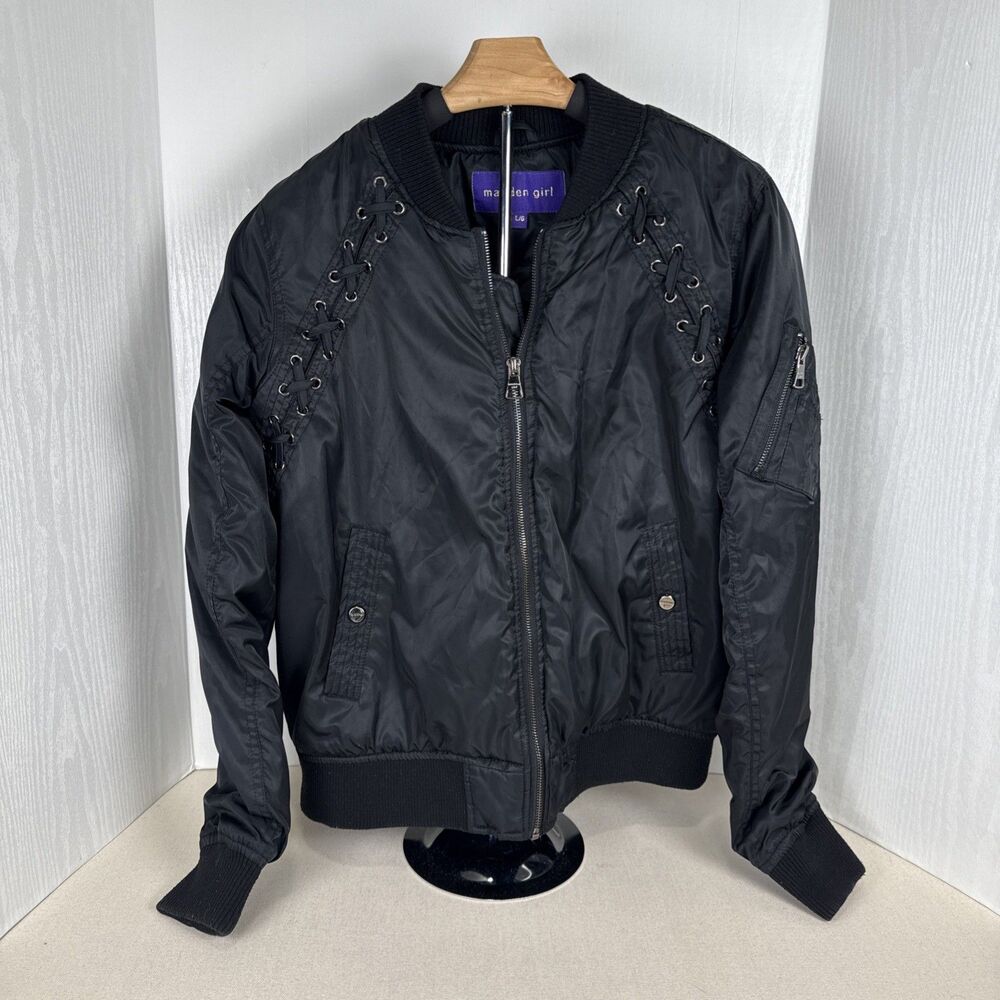 Madden Girl Black Lace Up Sleeve Bomber Jacket Full Zip Pockets Ribbed Hem Jrs L
